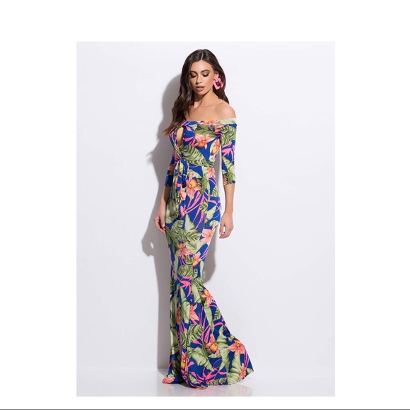 TROPICAL FLOWER OFF-SHOULDER MAXI DRESS - Picture 3 of 3